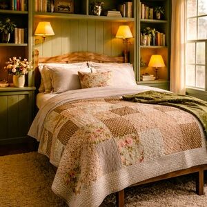 Vintage Floral shabby heirloom cottage Patchwork Quilt robin’s egg, pink,  brown